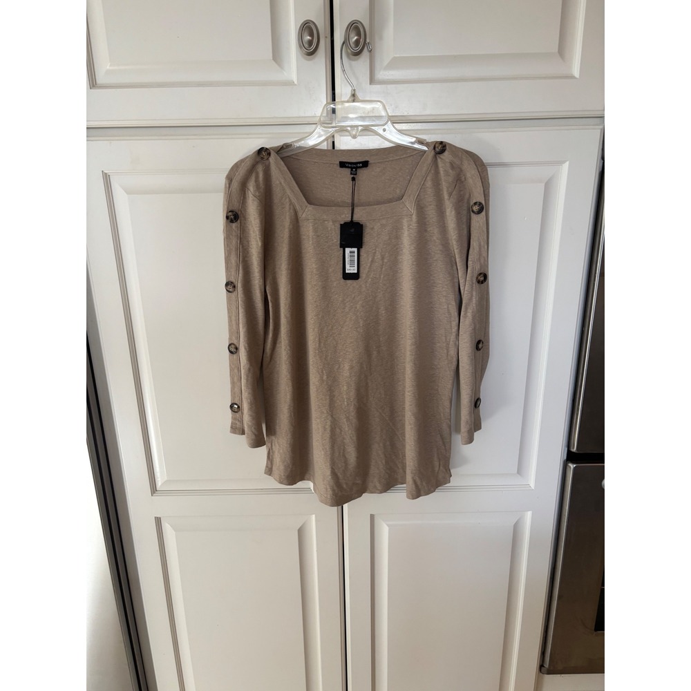Vision 155 Womens Linen Blend Square Neck Button Sleeve Top Tan Heathered M NWT